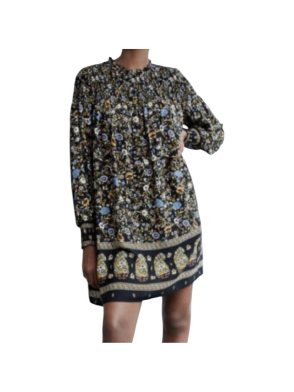 Zara Smocked Long Sleeve BotanicalKnee Length Swing Dress XL Dark Romantic